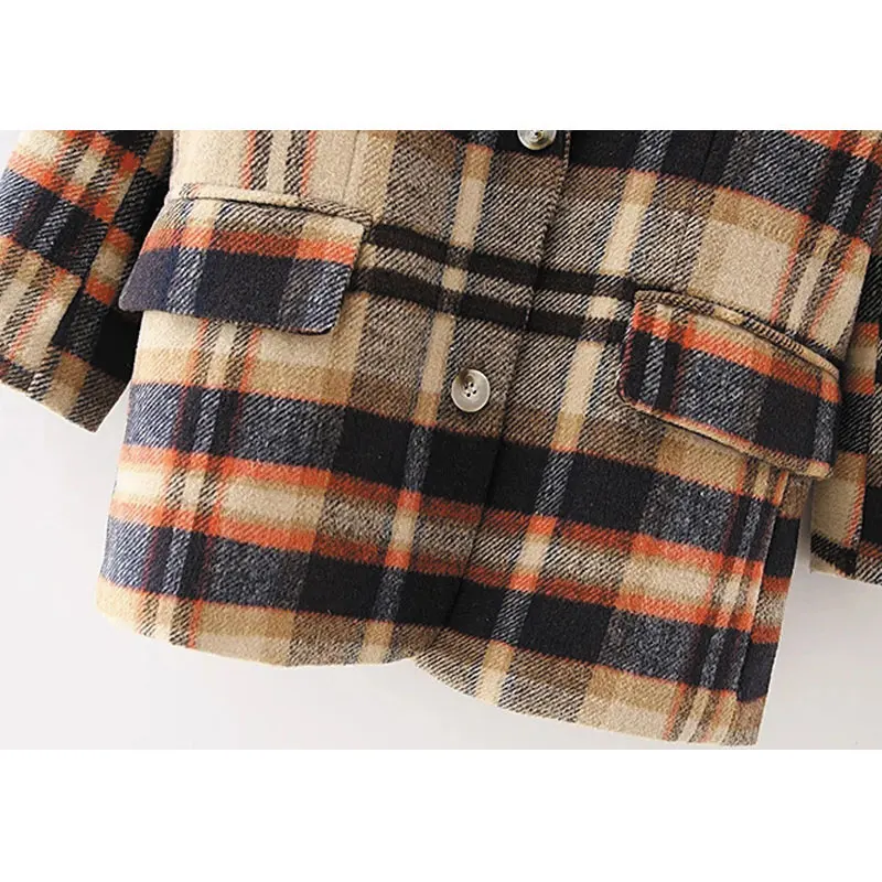 

Qelis Women Fashion Single Breasted Check Woolen Blazer Coat Casual Vintage Long Sleeve Pockets Female Outerwear Chic Tops