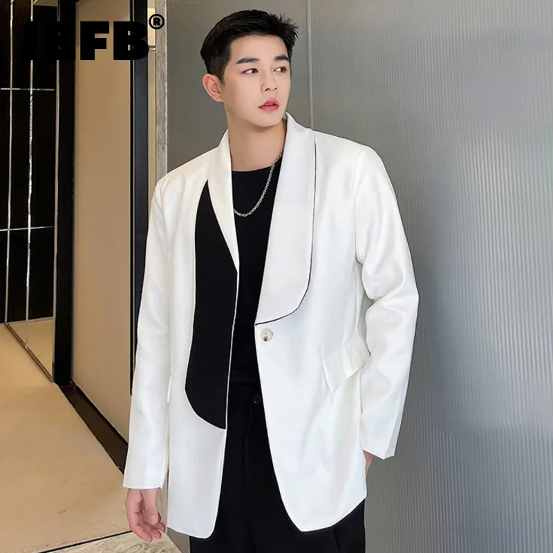

IEFB Menswear Asymmetric Black White Color Block Spliced Blazers Male New Loose Lapel Single Button Suit Jacket Tide Autumn 2021