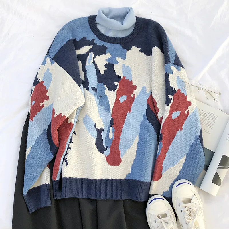 Neploe Pull Femme, новинка, корейский свитер большого размера контрастных цветов с граффити, Женский вязаный свитер с круглым вырезом, уличная одежда, джемпер 56134