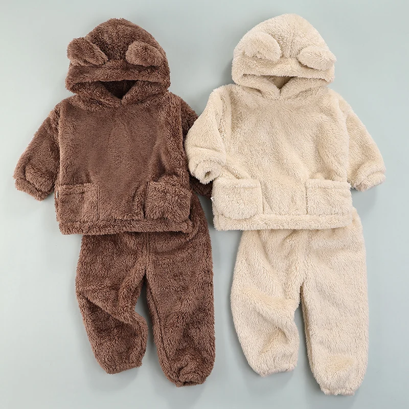 

2pcs Children Winter Plush Pajama Suit Fleece Bear Hooded Long-Sleeved Top + Trousers Casual Home Wear For Girls and Boys 1-6T