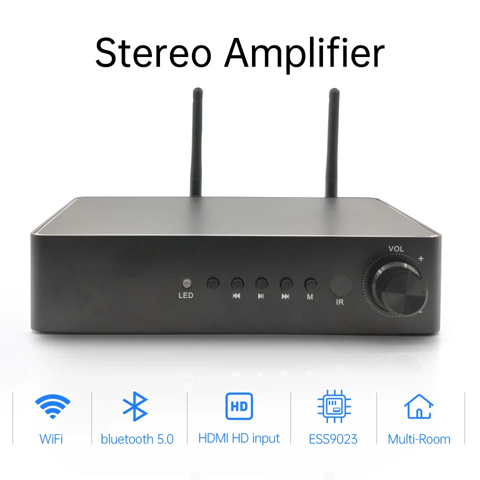 Цифровой мультикомнатный усилитель WA60 60 Вт * 2 ESS9023, Hi-Fi стерео усилитель с поддержкой Wi-Fi и Bluetooth класса D, с эквалайзером Spotify Airplay, бесплатное приложение