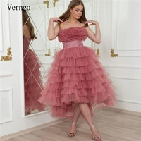 verngo dusty pink tulle rufffles a line prom dresses short front long back strapless tiered lace sash homecoming party gowns