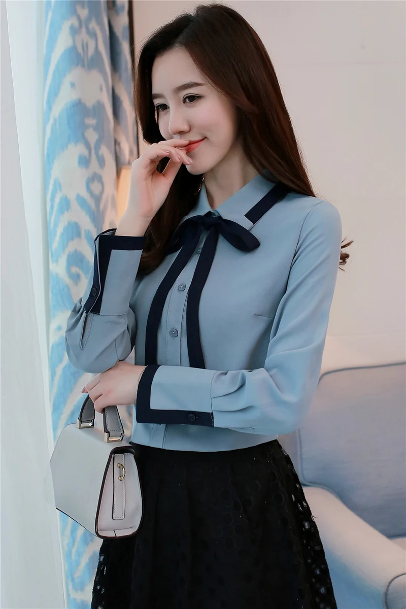 Новое поступление Весенне осенние блузки для женщин с бантом шифоновая блузка