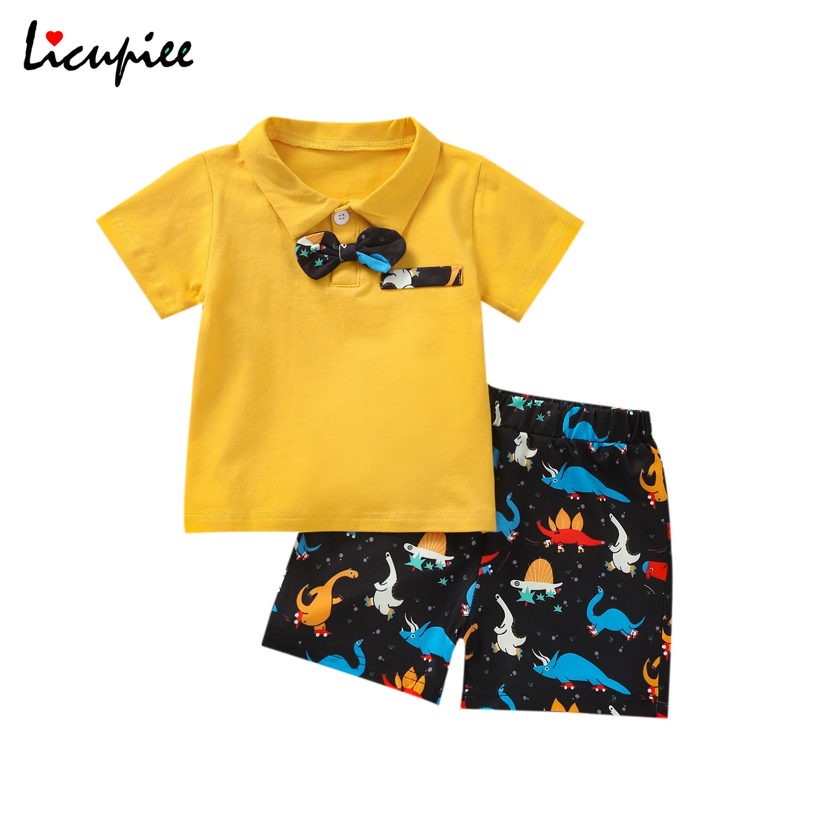 

1-6 Years Kids Suit Set Turn-down Collar Summer Cartoon Patterns Turn-down Collar Short Sleeve Tops with Bowknot+ Shorts
