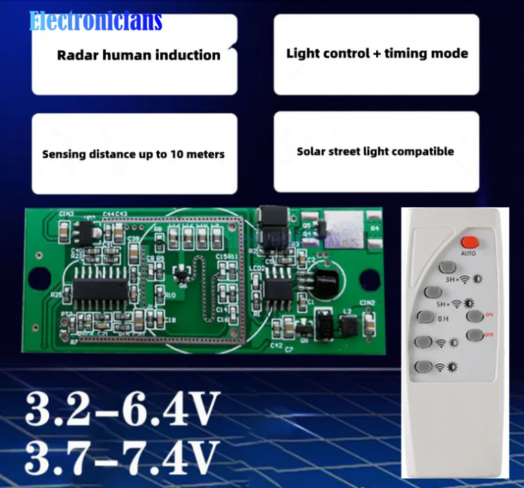 3.7V 7.4V Microwave Radar Human Body Induction Solar Controller Light Circuit Board Adjustable Sensor Module with Remote Control