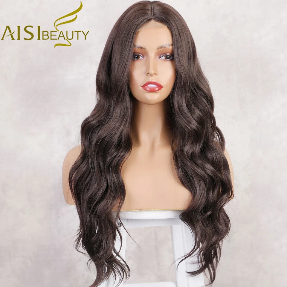 

AISI BEAUTY Synthetic Wigs Brown Long Body Wave for Women Natural Hairline Heat Resistant Middle Point Black Red Wigs