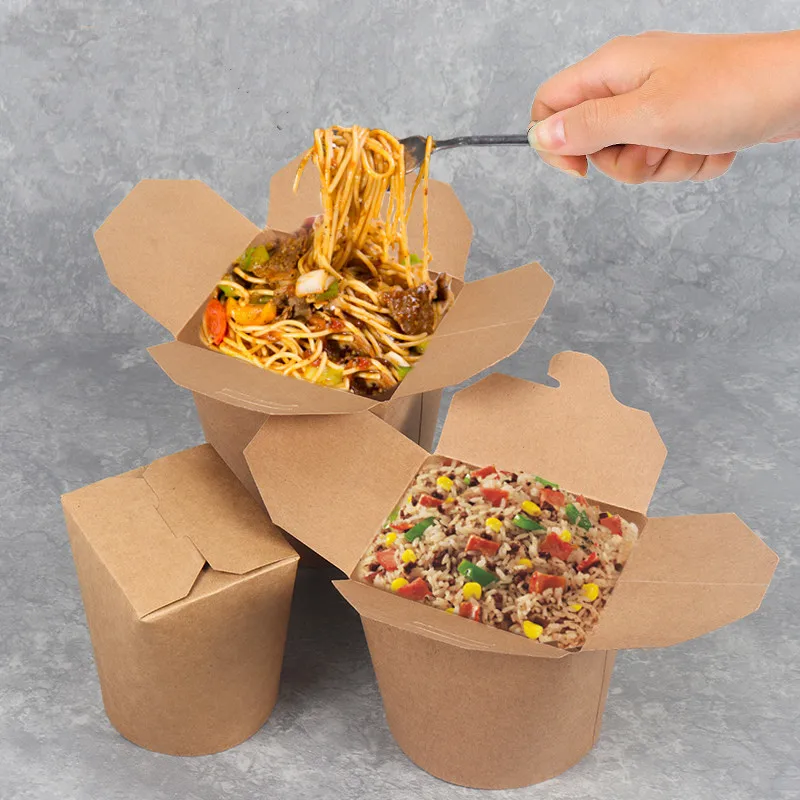

50pcs Environmentally friendly disposable kraft paper packaging box pasta food picnic lunch box thickening salad paper cup