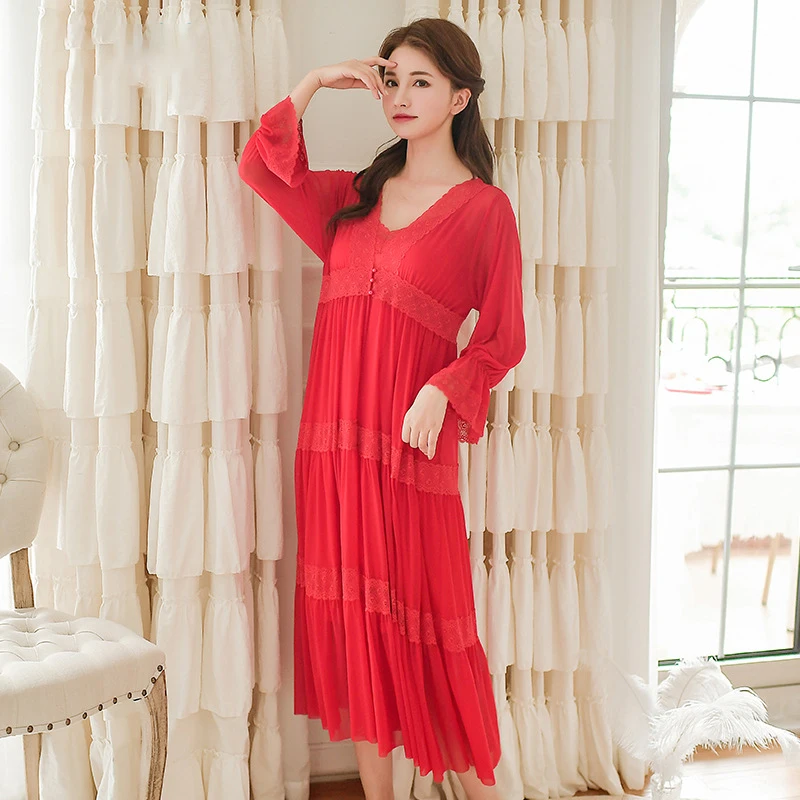 Женская ночная рубашка, халат, Vestido, ночное белье, платье для сна, белье с длинным рукавом, кружевное Ночное платье, пижама, халат для подружки невесты - Цвет: Красный