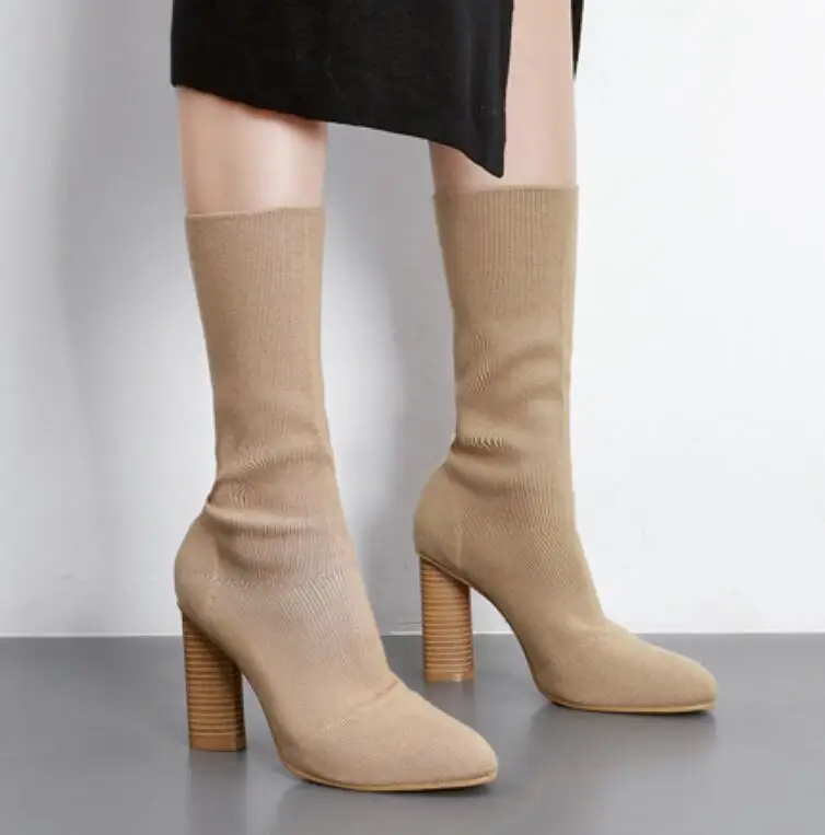 

Womens Pointed Toe Block High Heel Knitted Elastic Socks Mid-Calf Boots Shoes N040