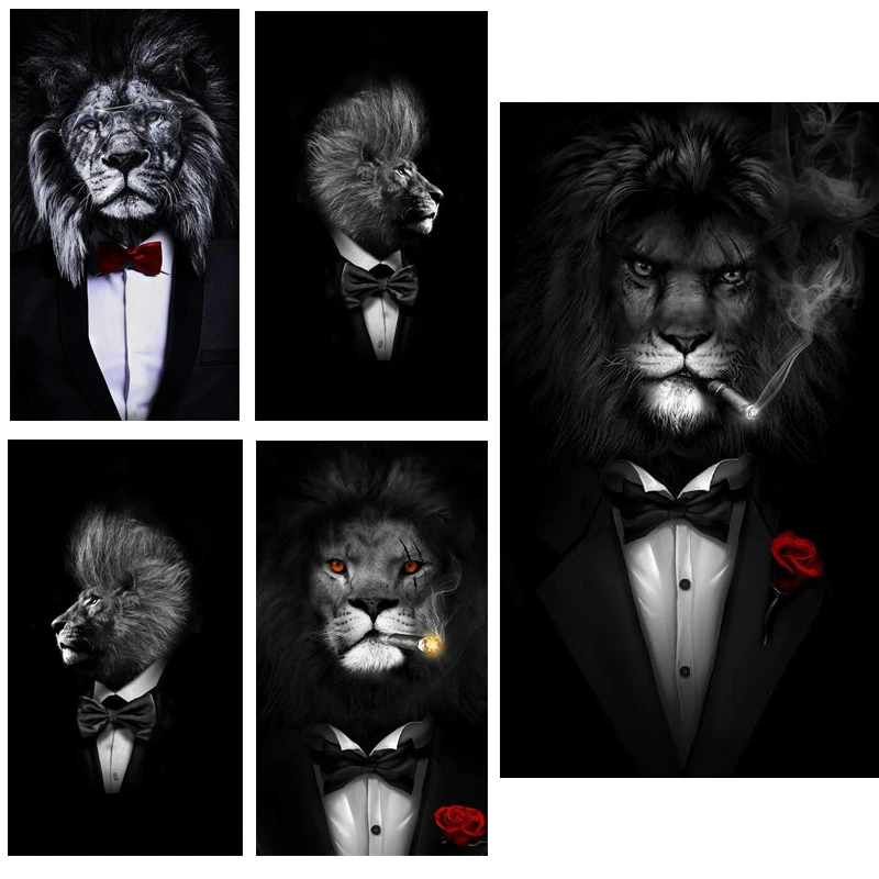 

Black Wild Lion In A Suit Canvas Art Posters and Prints Abstract Lion Smoking A Cigar Canvas Paintings on The Wall Art Pictures