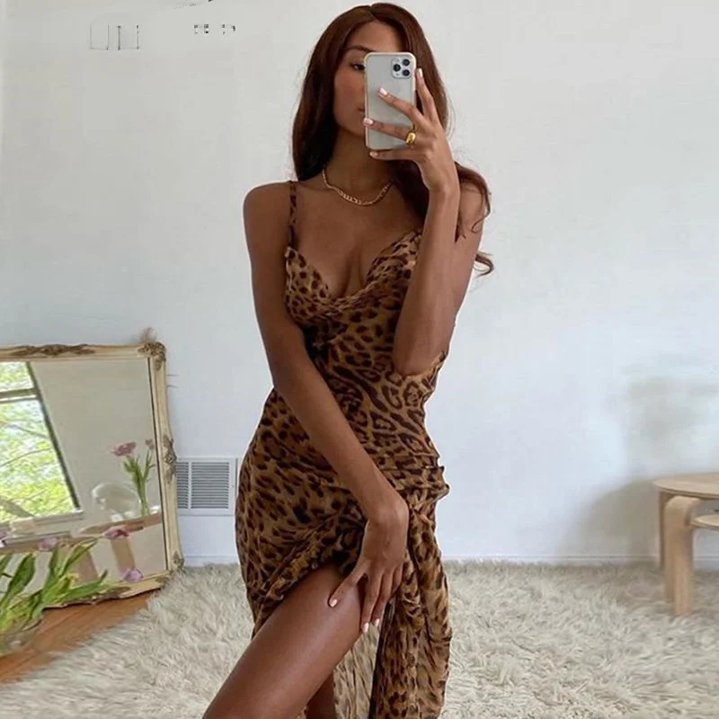 

New 2022 Leopard Print V-Neck Sexy Bodycon Long Dress Women Lace Up Backless Summer Dresses Female Straps Party Beach Vestidos