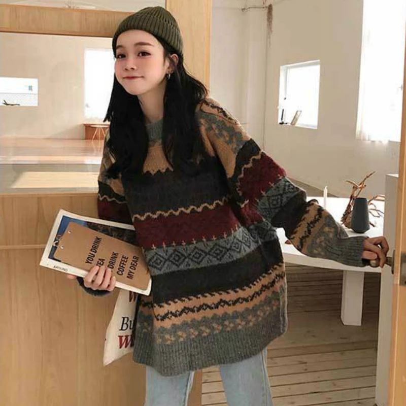 

Pullovers Women Vintage Loose Casual Sweaters Geometric Retro Lazy Female 4XL Harajuku Korean Style Womens Ulzzang Chic New Tops