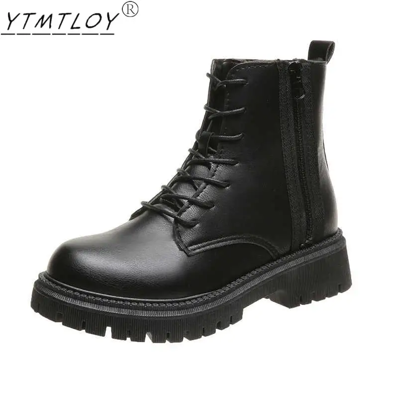 

2021 Spring Black Platform Combat Ankle Boots Women's Lace-up Side Zipper Women's Shoes Motorcycle Boots Ankle Boots
