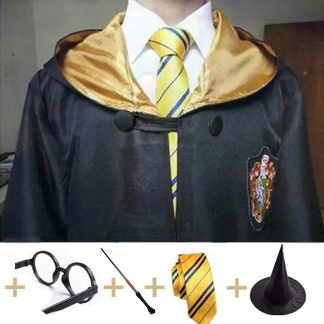 Hufflepuff full Set Robe Cape Cloak With Tie Scarf Wand Potter Glasses Ravenclaw Gryffindor Hufflepuff Slytherin Costume Adult Potter Cosplay - Цвет: Hufflepuff full Set