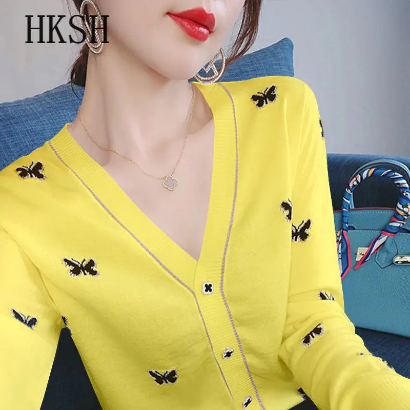

Women Delicate Embroidered Sweater Spring Autumn Solid Color V-neck Bright Silk The Butterfly Cardigan Korean Fashion Pull Femme