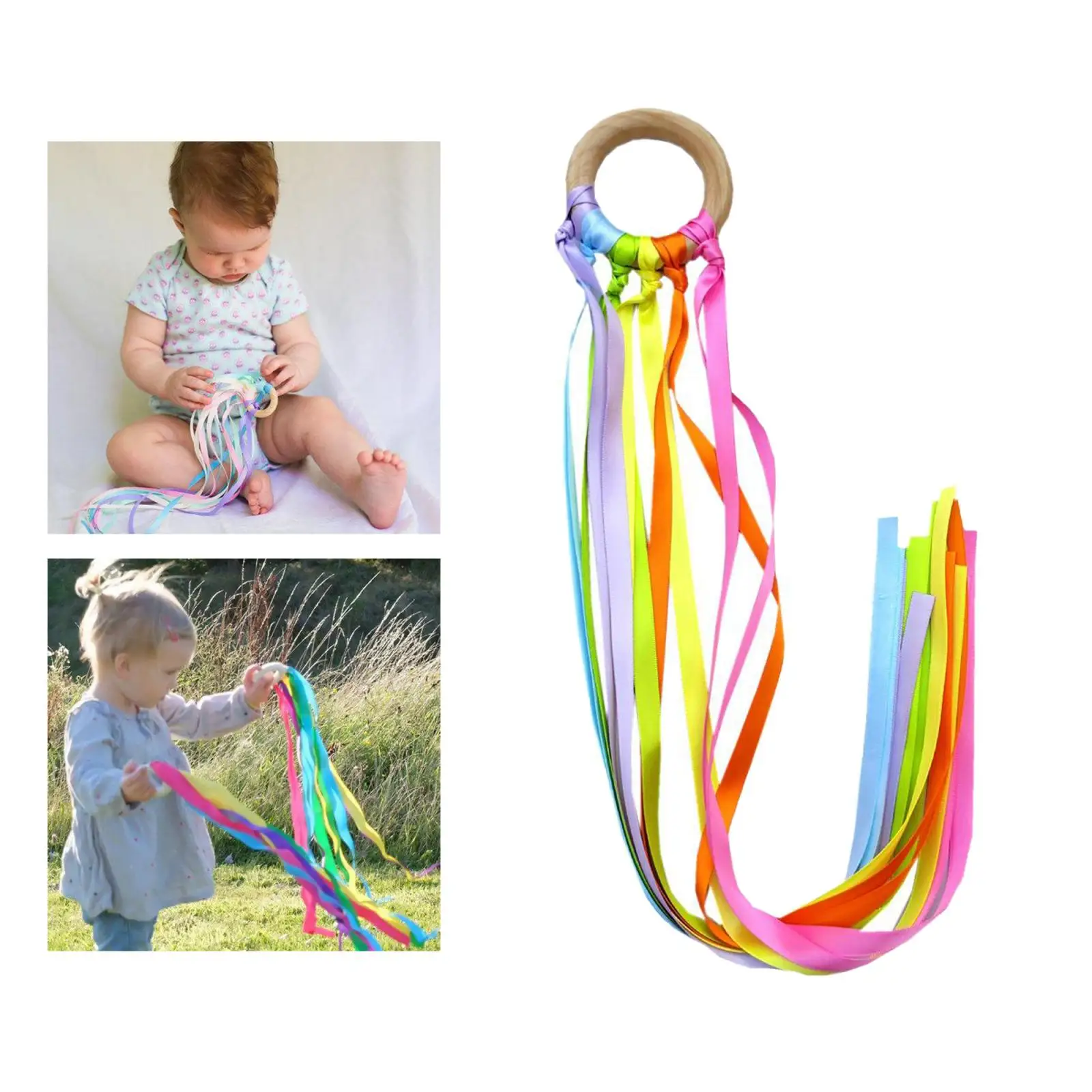 Baby Sensory Tow Rainbow Ribbon Rings Teether Pram Toy for Infant Early Development
