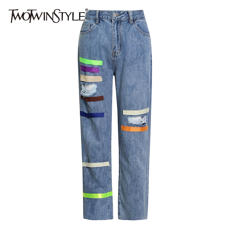 

TWOTWINSTYLE повседневные Лоскутные рваные джинсы для женщин с высокой талией Прямые джинсовые широкие брюки Женская модная новая одежда 2021