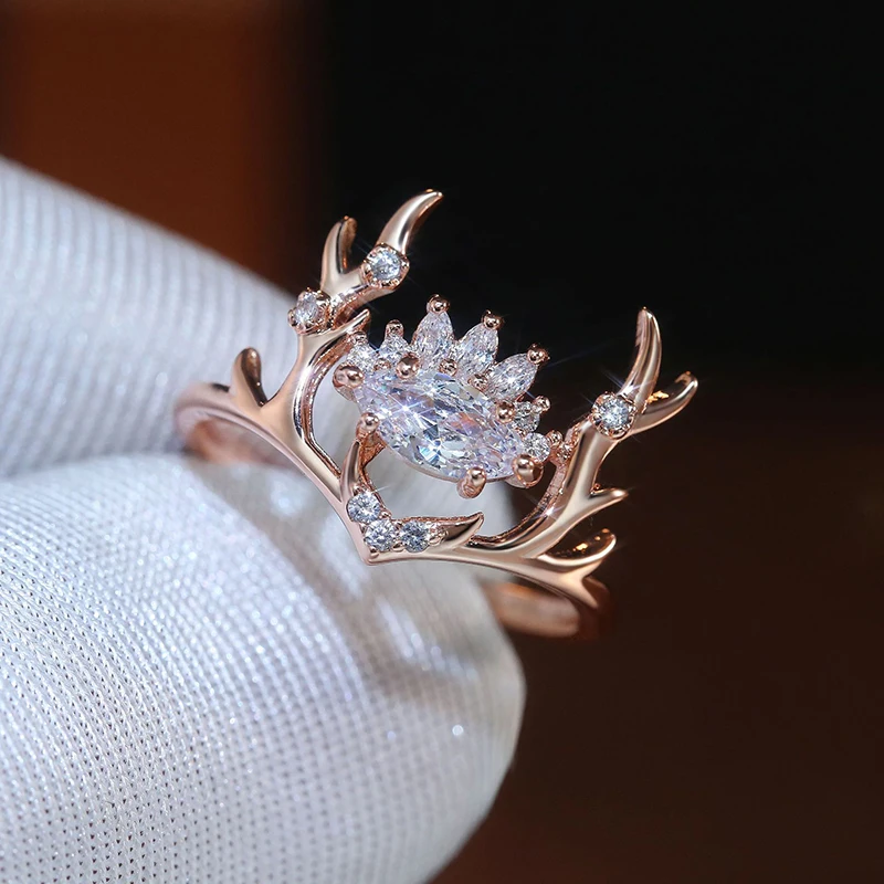 

Cute Rose Gold Elk Antlers Shape Rings For Women With White Cubic Zirconia Inlay Finger Ring Anniversary Jewelry Girl Party Gift