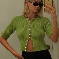 french style vintage pearl breasted kintted cardigan fashion sexy retro o neck high waist short sleeved all match t shirts tops