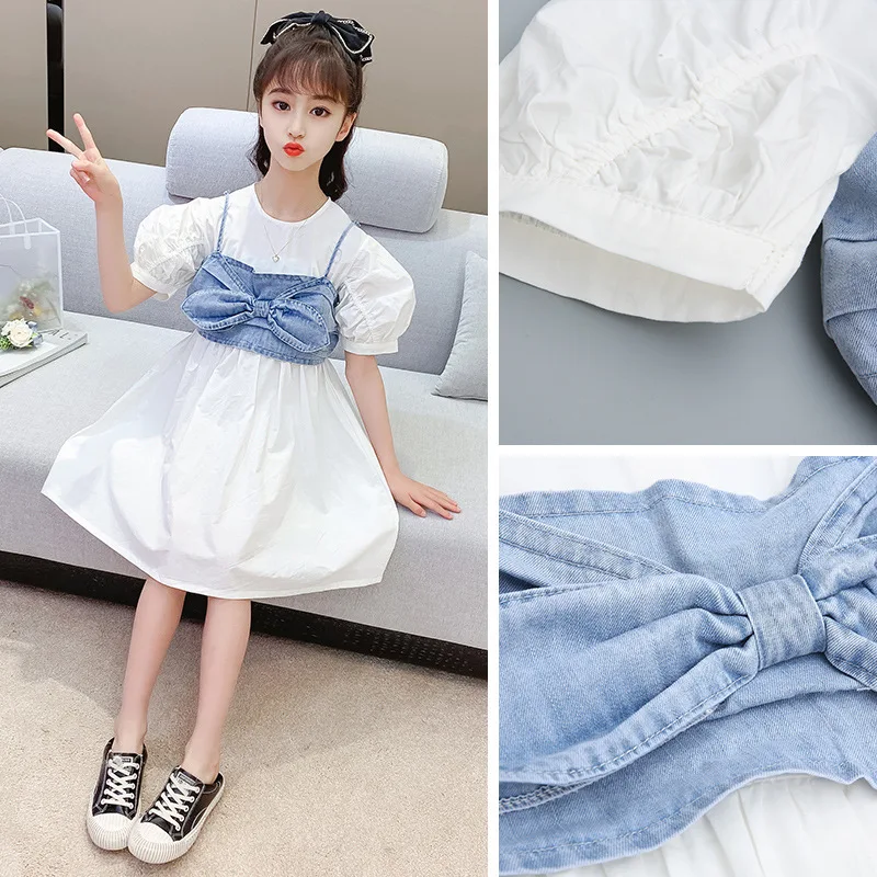 Летнее платье для девочек 2021 модный новый стиль джинсовые жилеты с бантом