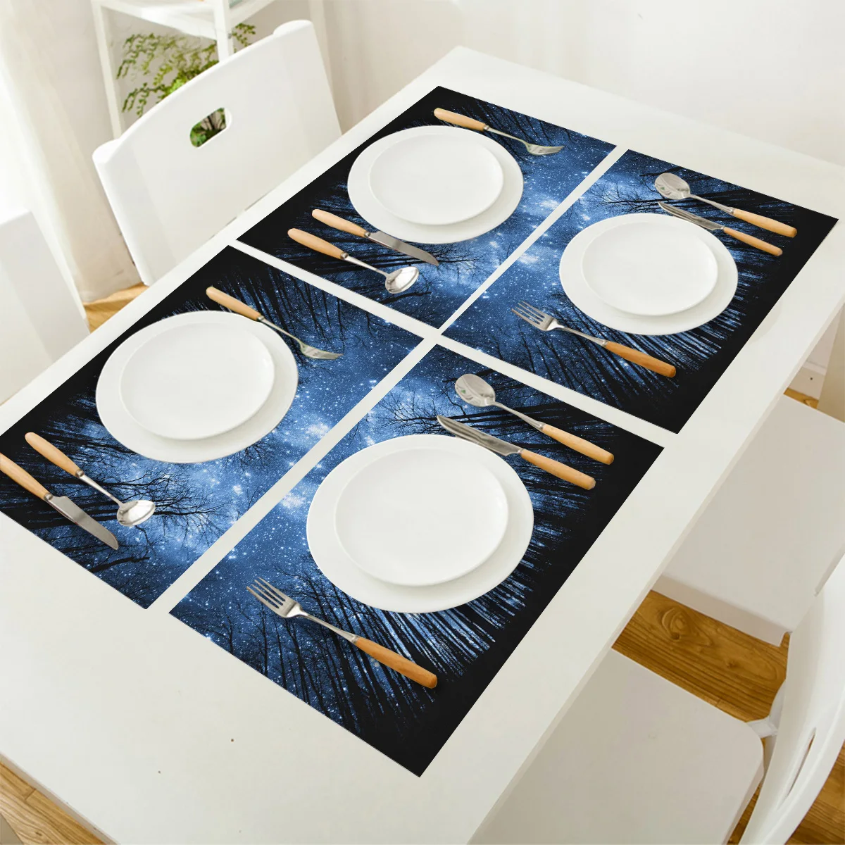 Белый коврик для обеденного стола с изображением звезд леса неба черной Луны