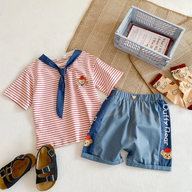 

Children's Girls Cartoon Suit 2021 Summer New Boys and Girls Navy Collar Striped Short-sleeved T-shirt + Shorts Skirt 2pcs Suit