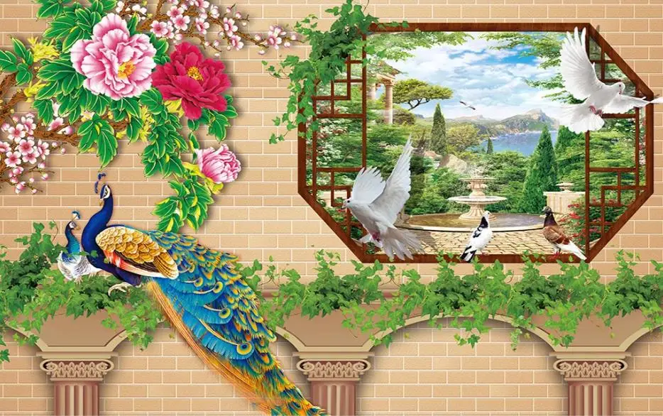 Custom Peacock peony iving room decoration 3d wallpaper walls European 3D TV background wall | Обустройство дома