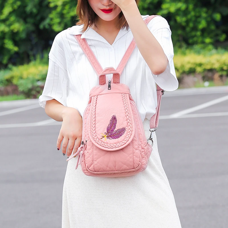 

2020 Embroidery Leather Backpacks For Girls Small Travel Bagpack Ladies Sac A Dos Femme Women Leather Backpacks High Quality New