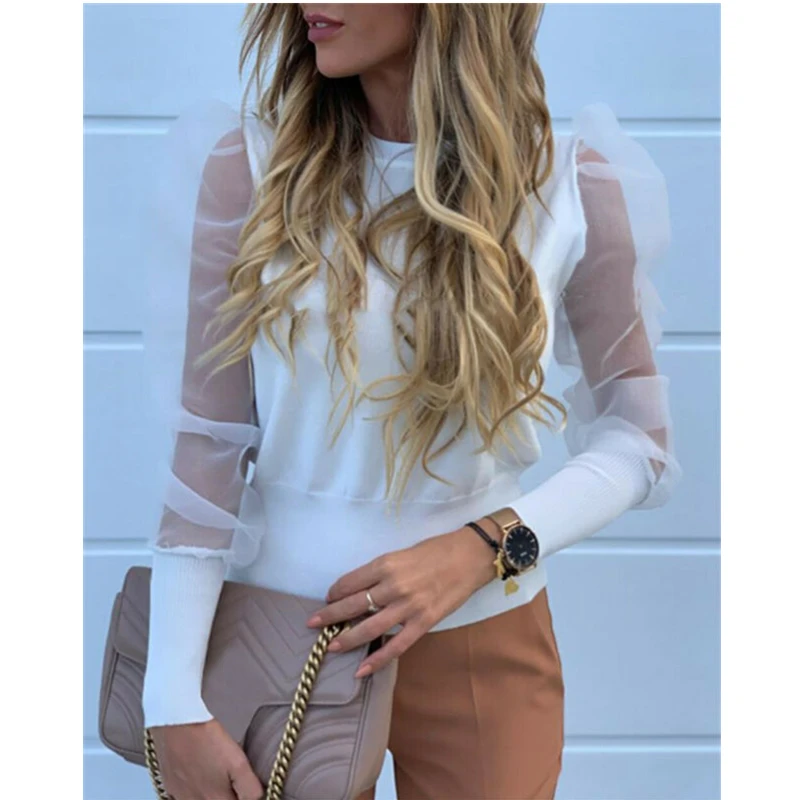 Блузка женская с V-образным вырезом модная рубашка из тюля длинными