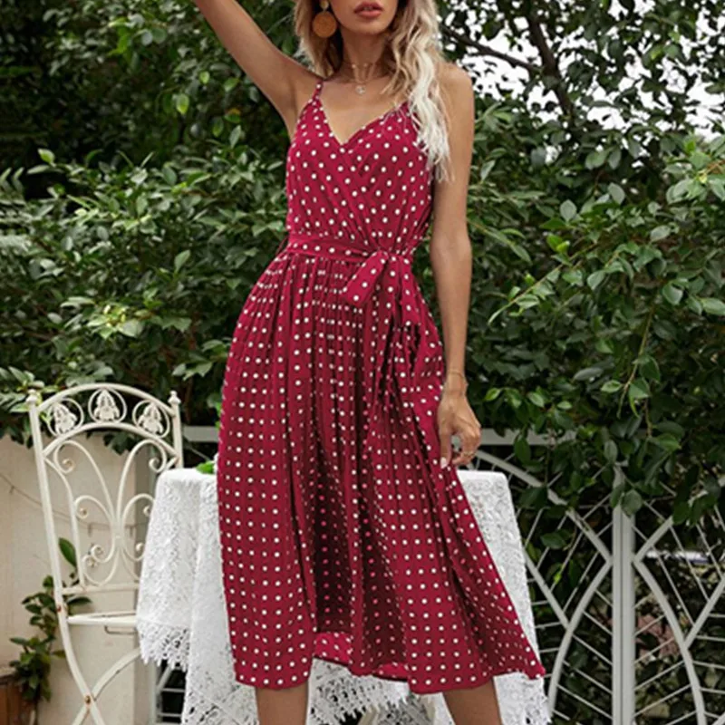 

6 Color Dot Print Beach Dress 2021 Summer Sexy Dress Patchwork V Neck Slim Size S-xl Women Sleeveless Long Pleated Dress
