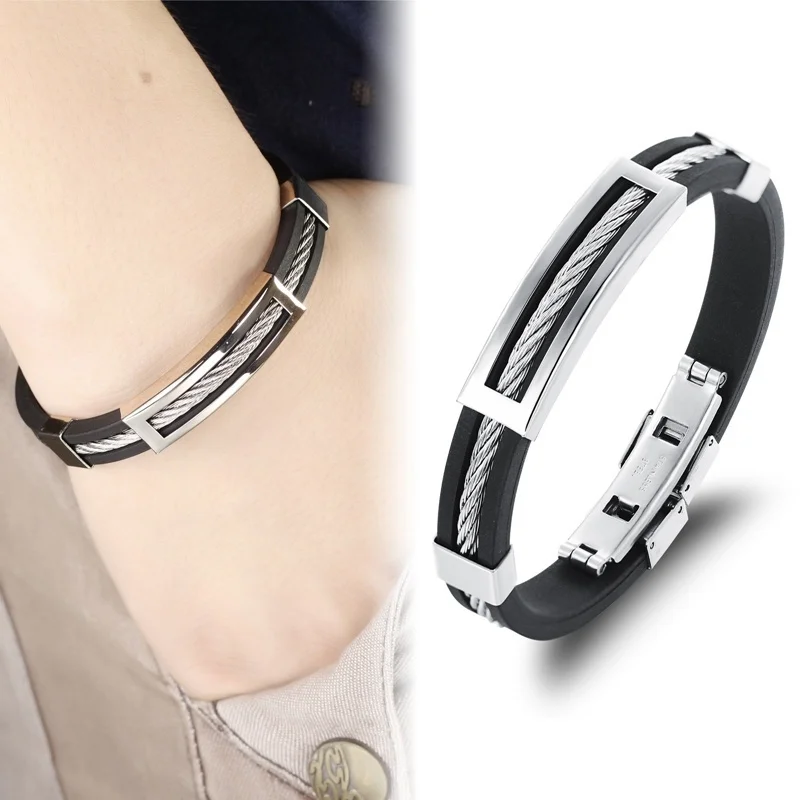 

Light Luxury Fashion Fashion Men Stainless Steel Wire Silicone Bracelets Cool Man Casual Bracelet Trend Male Jewelry Accessories