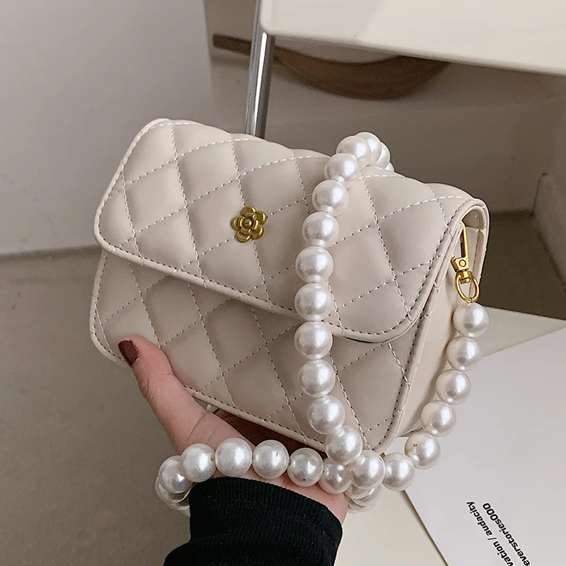 

Lattice Square Mini Crossbody bag 2021 New High-quality PU Leather Women's Designer Handbag Pearl strap Shoulder Messenger Bag