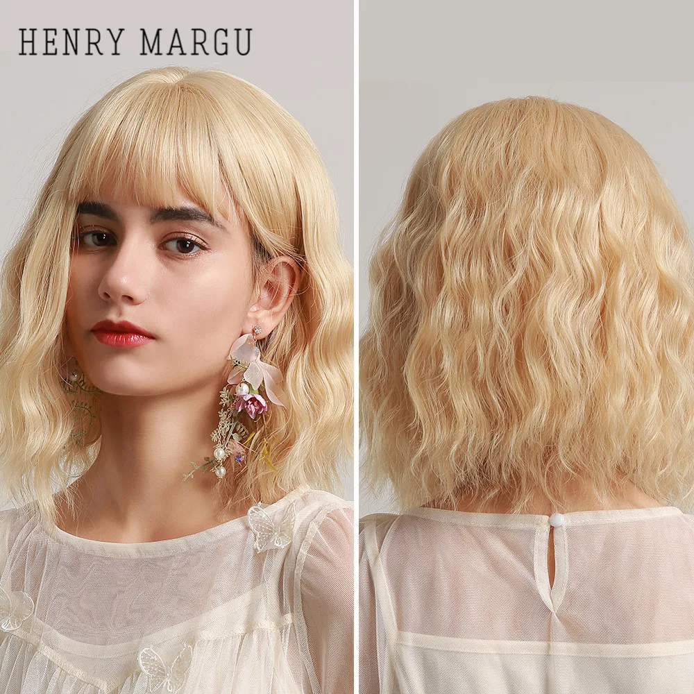 

HENRY MARGU Short Wavy Blonde Bob Wigs for Women Curly Lolita Cosplay Daily Synthetic Hair Wig with Bangs Heat Resistant
