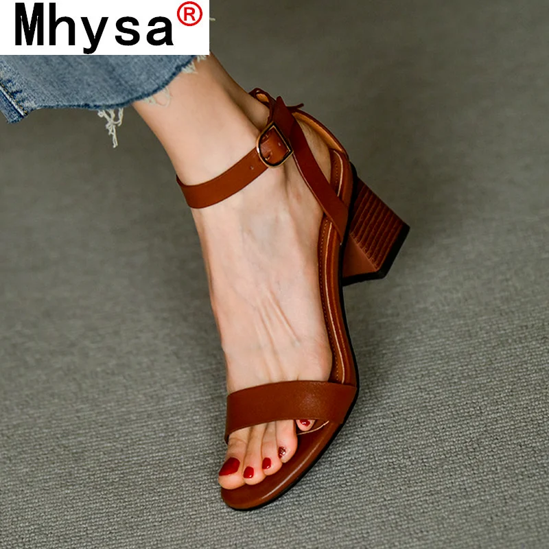 

Fashion Retro High Heels Leather Women's Sandals 2021 Summer Party Wedding Shoes Leather Ankle Buckle Feminine New Sandals