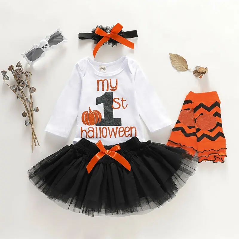 

New 2019 Halloween Newborn Infant Baby Girls Pumpkin Romper +Tulle Skirt Dresss + Headband & Leg Warmers Outfit 4PCS Cloth set