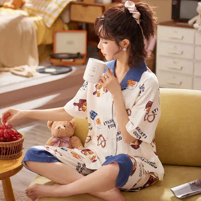 

Хлопковая пижама с коротким рукавом, милый пижамный комплект в итальянском стиле с принтом еды, винтажный кавайный кардиган, летняя Домашня...