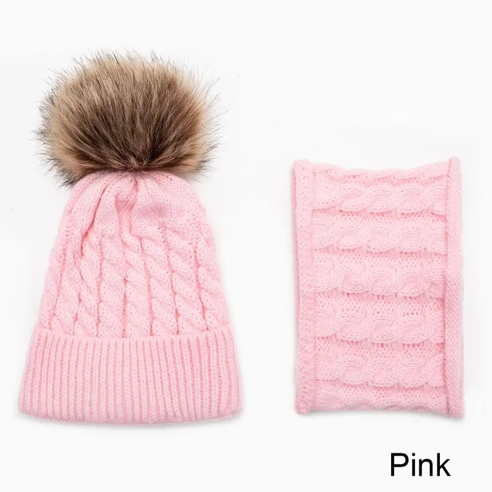 pink Зимняя шапка набор для шапка Девочки Мальчики шарф набор зима теплый мех мяч шапки шарф дети вязаная шапка теплый комплект 0-2 лет - Цвет: pink