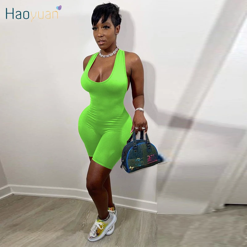 

HAOYUAN Backless Hollow Bodycon Playsuit Sleeveless Summer Clothes for Women Short Rompers Sexy One Piece Night Clubwear Outfits