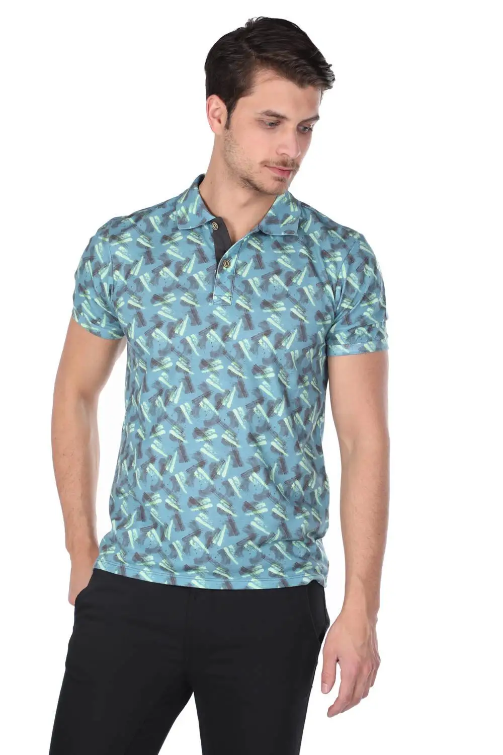 

Men's Blue Print Polo Collar T-Shirt