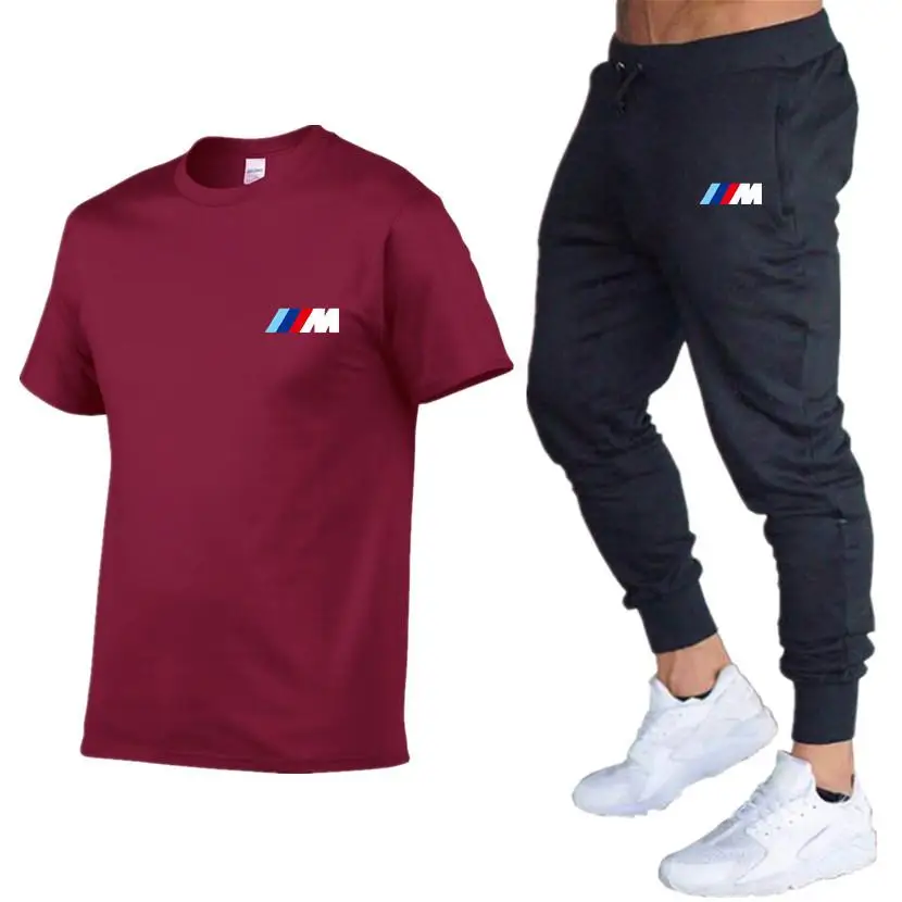 

2021New BMW M Men's Summer Leisure Sets T-Shirt+Pants Two Pieces Casual Tracksuit Male Sportswear Gym Brand Clothing Sweat Suit