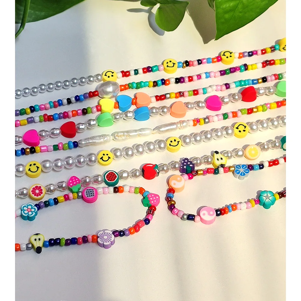 

Pearl Beaded Necklace For Women Smiley Fruit Heart Colorful Acrylic Resin Bead Strand Handmade Necklaces Women Boho Jewelry Gift