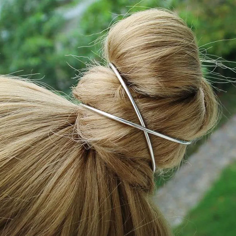 silver Personalized!New Brief Gold Tone Cross Bun Holder Metal BOHO Bun Cuff Vintage Bun Cage Hair Accessories Femme Gift For Her - Окраска металла: silver