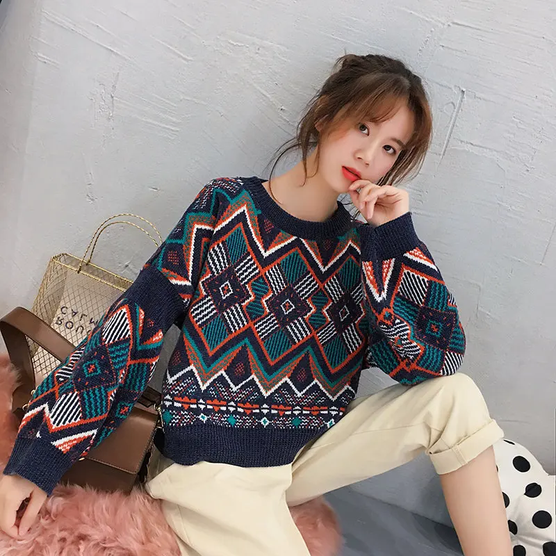 Свитер женский трикотажный в стиле ретро с геометрическим узором свободный