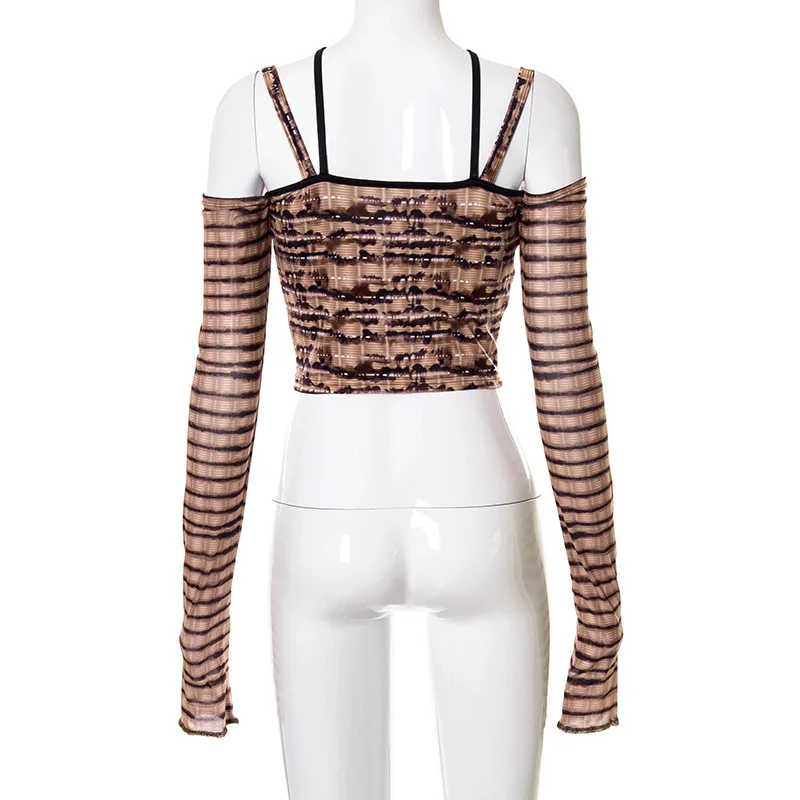 

Y2k Long Sleeve Crop Top Femme Sexy Club T Shirts for Women Vintage Corsets Busiter Brown Print Graphic Tee fairy grunge