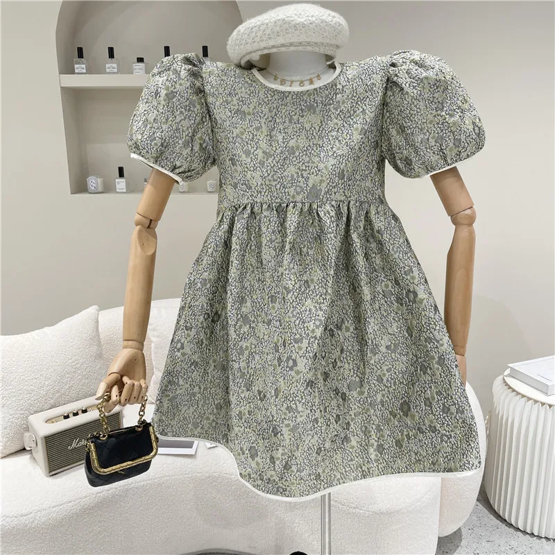 

Women Spring Summer 2021 Niche Design Fashion Bubble Sleeve Retro Floral Dress High Waist Bow Tie Tie Short Sleeve A-line Dress