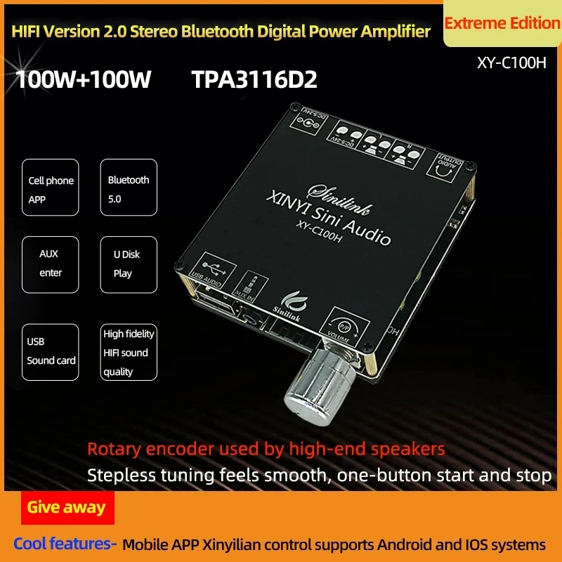 

XY-C100H HIFI 2x100 Вт TPA3116D2 AUX + bluetooth 5,0 HIFI цифровая плата усилителя мощности, управление через приложение, усилитель, домашний