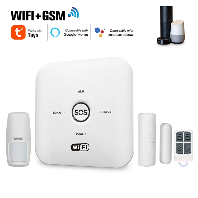 

Смарт-охранная сигнализация Tuya, GSM + WiFI, ИК-датчик, 100-240 В, голосовое управление, работает с Alexa и Google Assistant