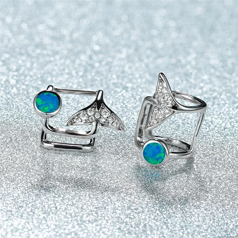 Blue Opal Милые женские опаловые круглые серьги русалки с рыбьим хвостом, Boho 925, серебряные, белые, синие, винтажные свадебные серьги для женщин - Окраска металла: Blue Opal