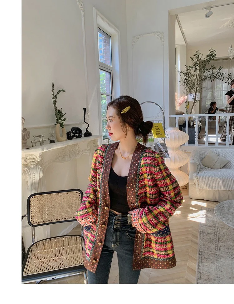 

Autumn 2020 new women's Color grid woolen Loose cardigan coat