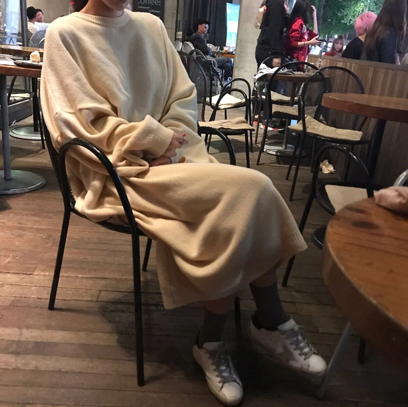 Осеннее длинное платье-свитер; большие размеры; Vestidos Jurken; Прямые Повседневные вязаные платья с круглым вырезом; элегантное вязаное платье; зимнее платье